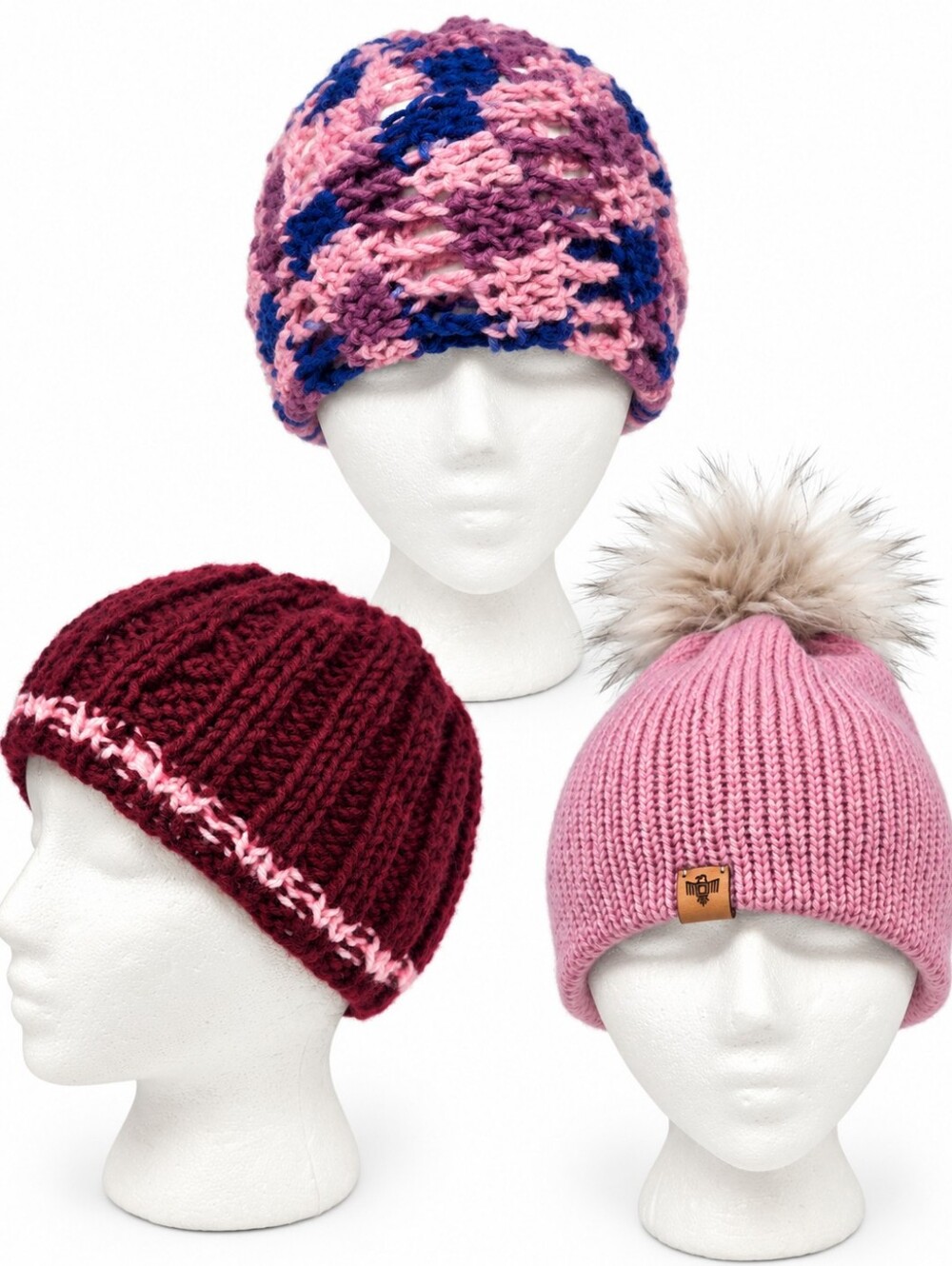 Set of 3 Knit Beanie Hats Winter Caps in Soft Pinks and Purples